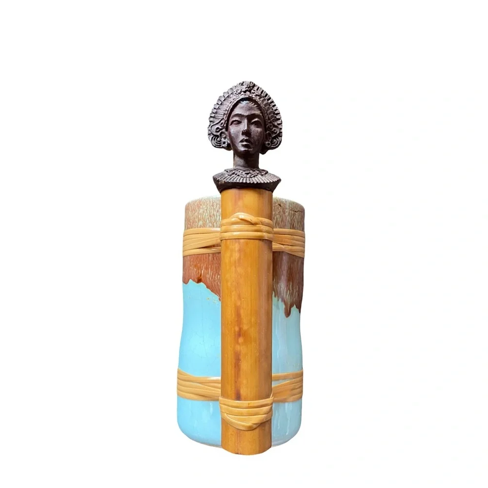 Vtg Drip Glaze Beer Stein Bamboo & Rattan Elements W/Woman Bust Handle Set‎ Of 4
